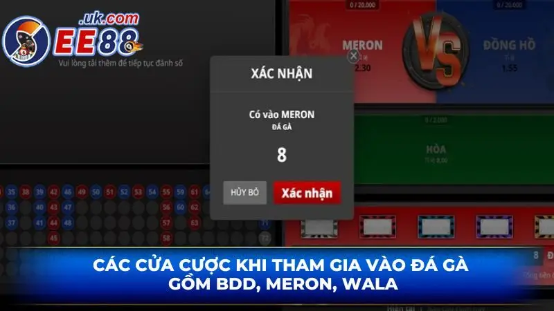 Các cửa cược khi tham gia vào đá gà gồm BDD, meron, wala